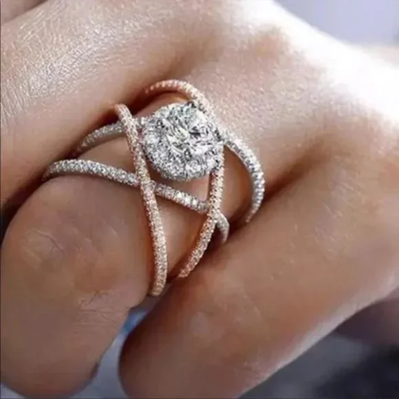 NEW 925 SILVER&ROSE GOLD DIAMOND CROSS RING - Picture 1 of 5